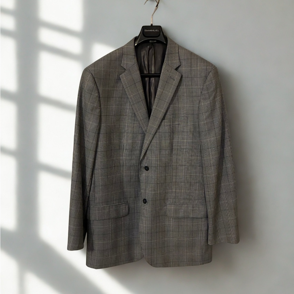 Tasso Elba Men’s Classic Gray Navy Blue Checkered Two Button Blazer Size 46